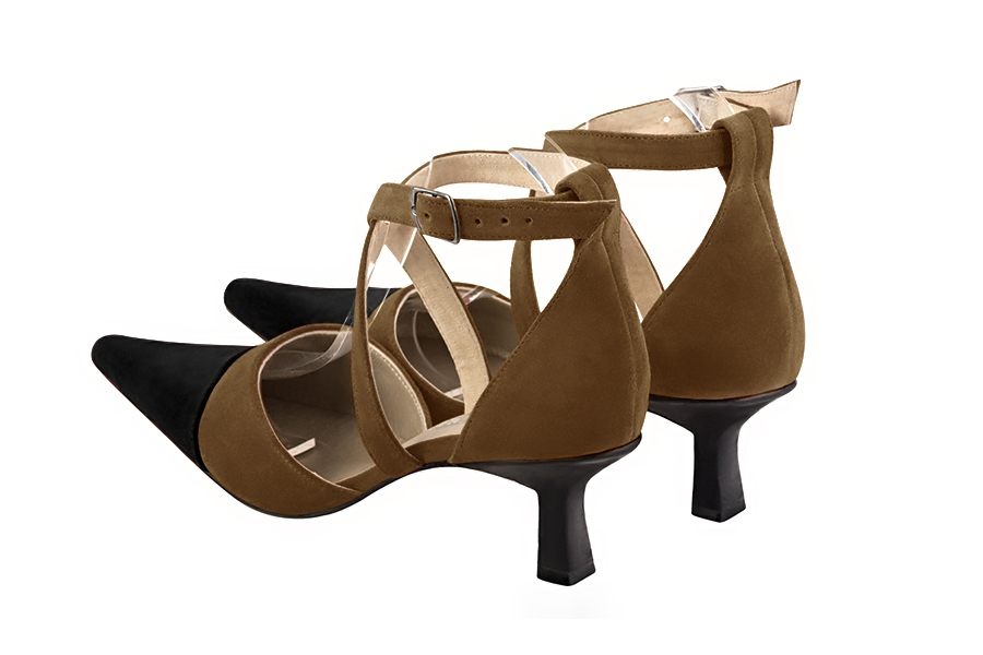 Matt black and chocolate brown women's open side shoes, with crossed straps. Pointed toe. Medium spool heels. Rear view - Florence KOOIJMAN